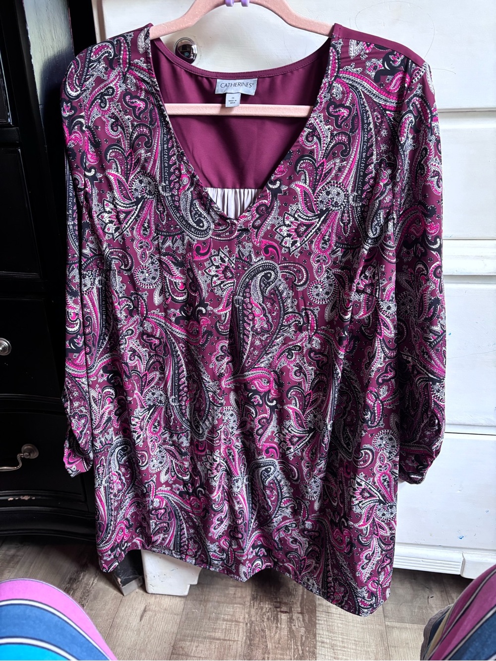 Catherines Paisley V-Neck Tunic Top - Magenta and Black